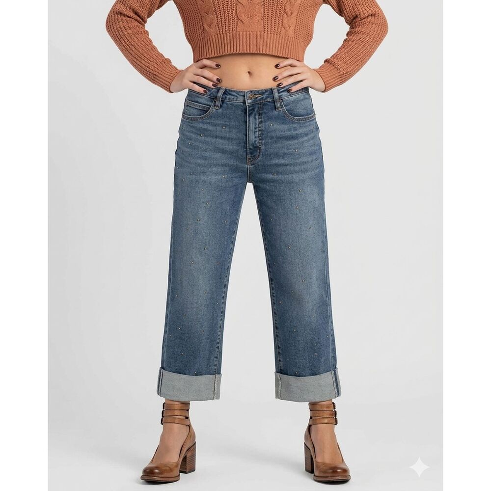 Jessica Simpson Zinnia Studded Wide Leg Boyfriend Jeans Medium Wash, Size10